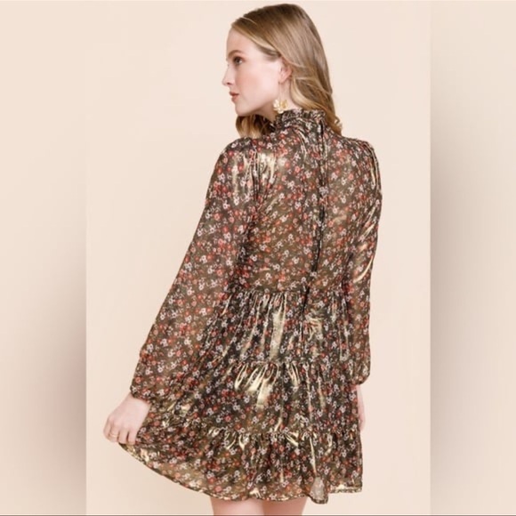 NWT TRIXXI Smock Neck Long Sleeve Metallic Floral Mini Dress Sz. Medium - Picture 3 of 13